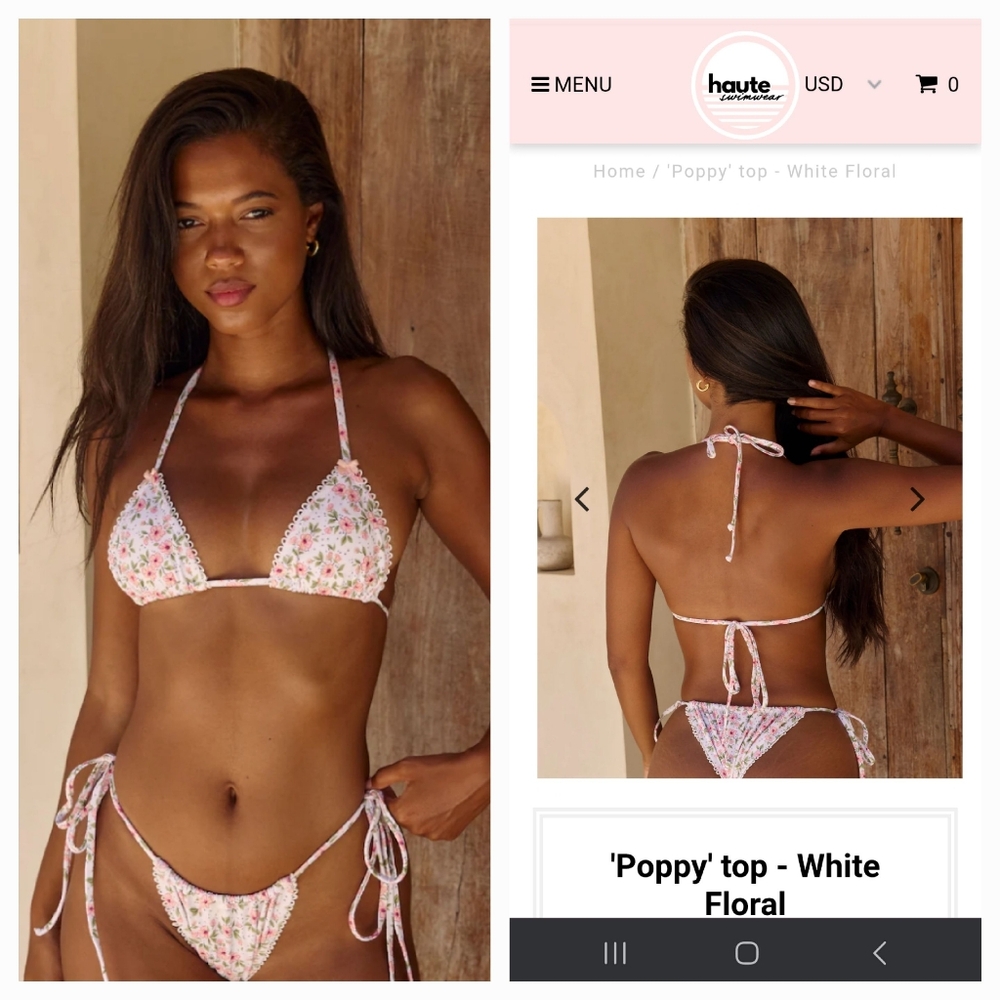 HAUTE swim pink poppies green leaves ribbon bows edging triangle string bikini - Picture 16 of 17